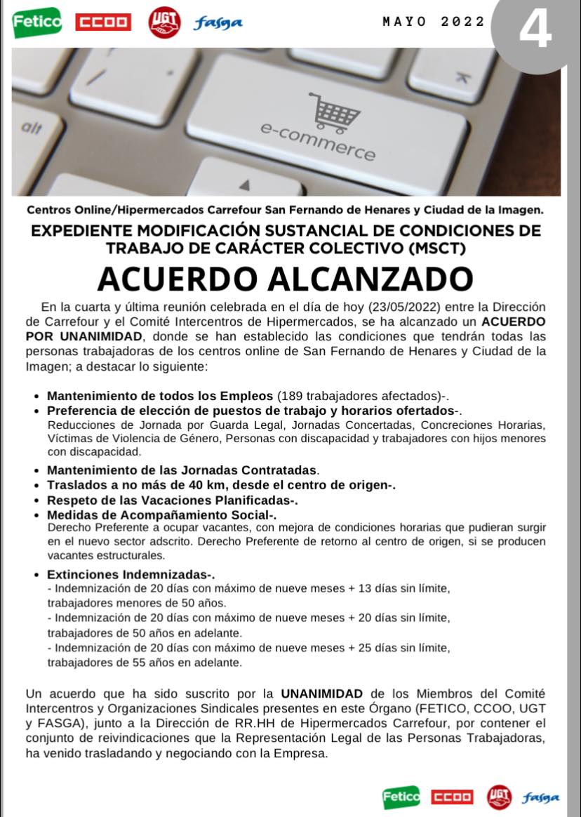 CARREFOUR, expediente modificación sustancial de condiciones de trabajo de carácter colectivo (MSCT): Acuerdo alcanzado