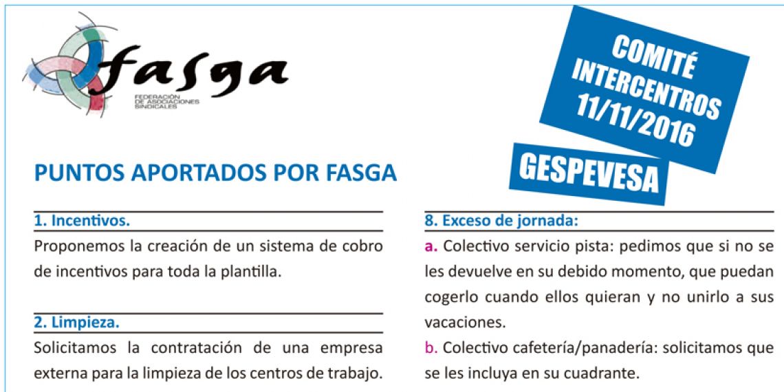 Puntos aportados por FASGA al Comité Intercentros de Gespevesa del día 11 de noviembre