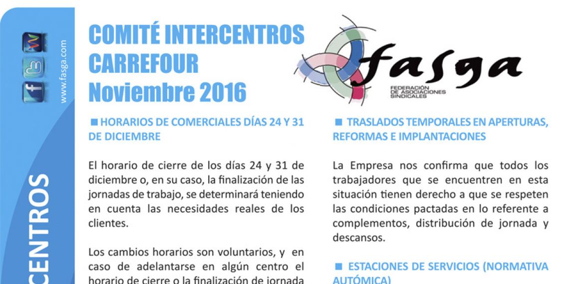 Hoja informativa del Comité Intercentros de Carrefour noviembre de 2016