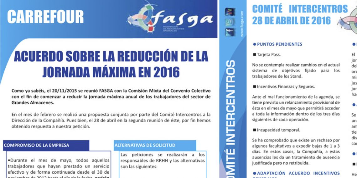 Hojas informativas de la reunión del Comité Intercentros de Carrefour día 28 de abril