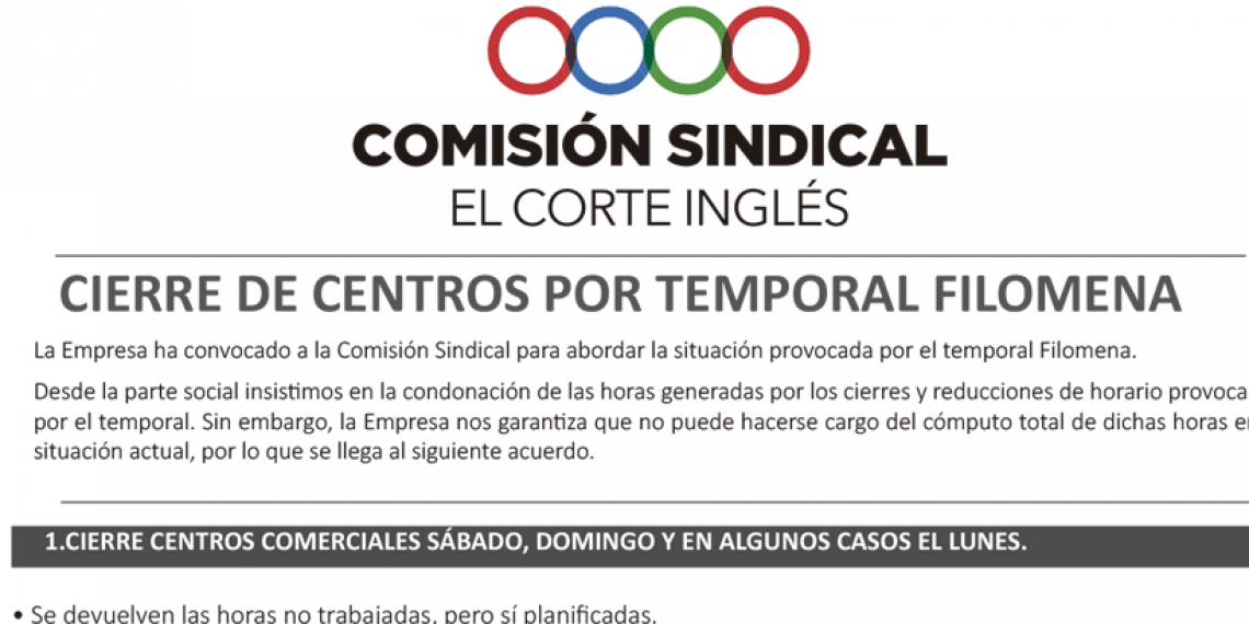 COMISIÓN SINDICAL EL CORTE INGLÉS : CIERRE DE CENTROS POR TEMPORAL FILOMENA