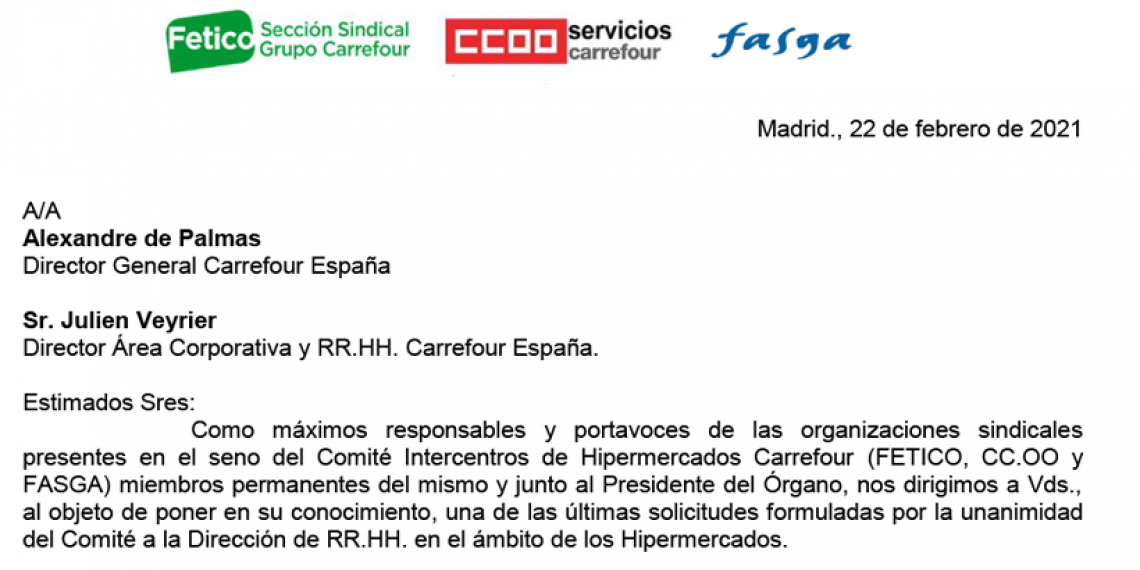 COMUNICADO SINDICAL CONJUNTO  DIRIGIDO A LA DIRECCIÓN GENERAL DE CARREFOUR SOBRE LOS INCENTIVOS GENERALES