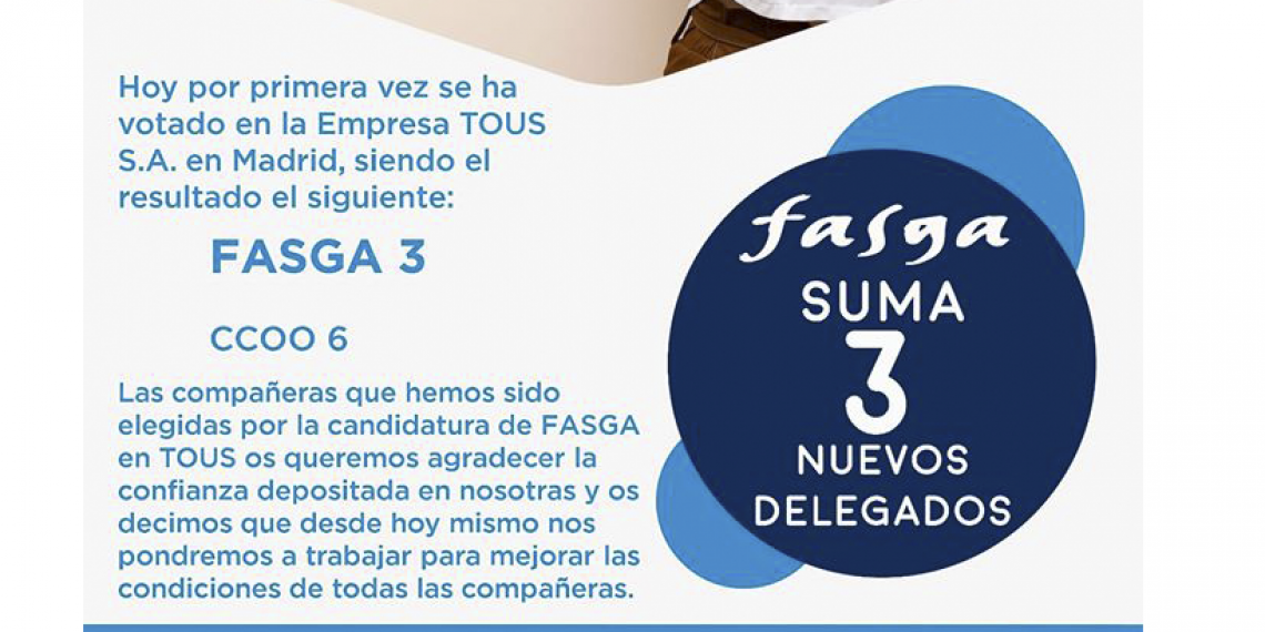 FASGA suma 3 nuevos delegados en las elecciones del Comité Conjunto de TOUS en Madrid