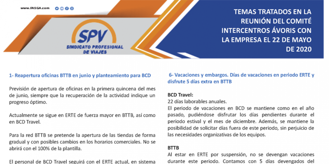 AVORIS: TEMAS TRATADOS EN LA REUNIÓN DEL COMITÉ INTERCENTROS ÁVORIS CON LA EMPRESA EL 22 DE MAYO DE 2020
