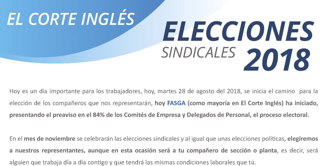 FASGA presenta los preavisos para celebrar elecciones, en el 84% de los centros de trabajo del Grupo El Corte Inglés.