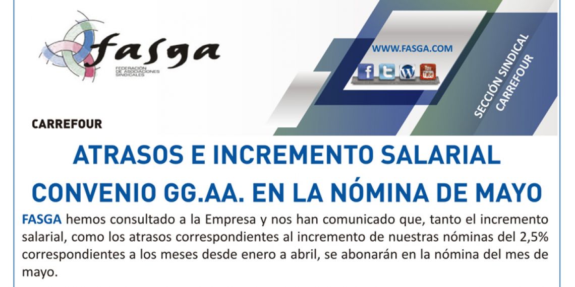 CARREFOUR: Atrasos e incremento salarial Convenio Grandes Almacenes en la nómina de mayo