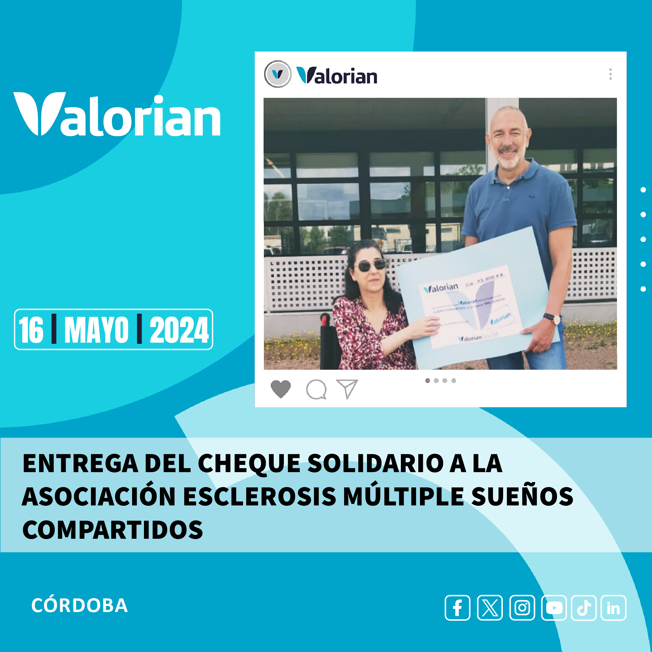 Valorian entrega un cheque solidario a la Asociación Esclerosis Múltiple Sueños Compartidos en Córdoba