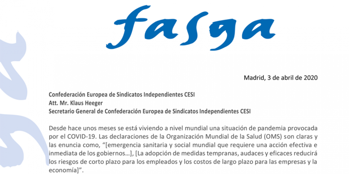 FASGA, A TRAVÉS DE CESI, ENVÍA UNA CARTA AL PARLAMENTO EUROPEO