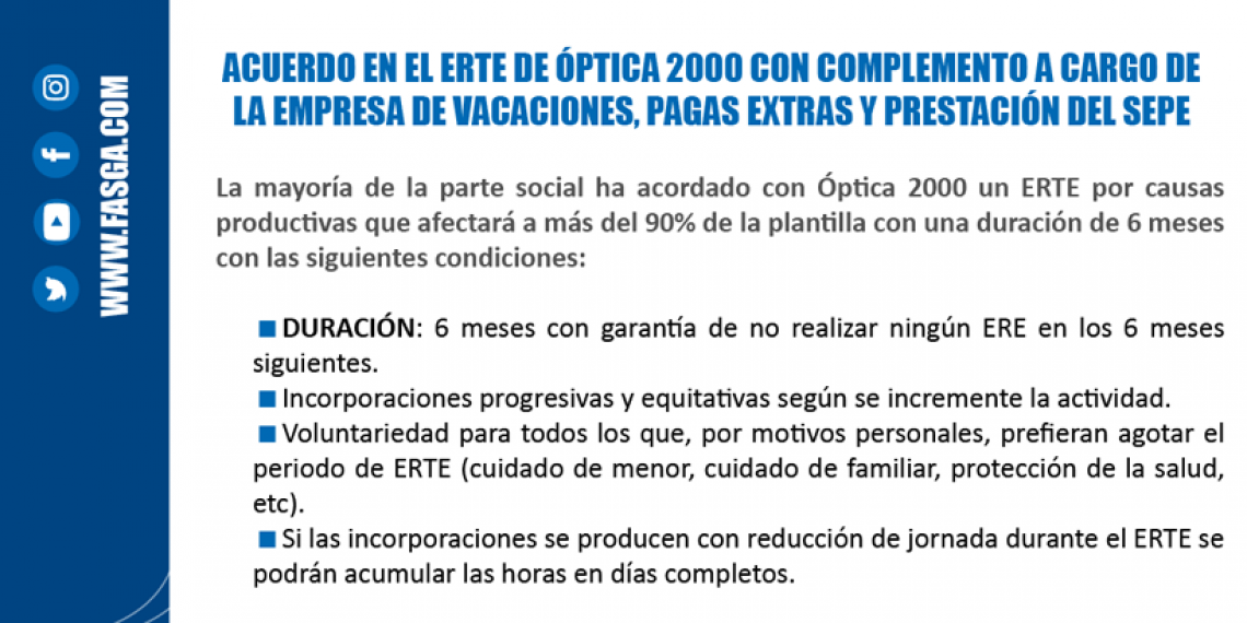 ACUERDO EN EL ERTE DE ÓPTICA 2000 CON COMPLEMENTO A CARGO DE LA EMPRESA DE VACACIONES, PAGAS EXTRAS Y PRESTACIÓN DEL SEPE