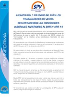 A partir del 1 de enero de 2015 los trabajadores de VECISA recuperarán las condiciones laborales anteriores al ERTE y al ART. 41