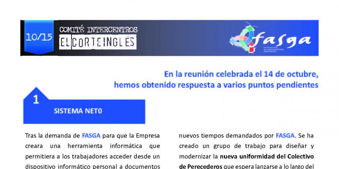 Hoja informativa de la reunión del Comité Intercentros de El Corte Inglés