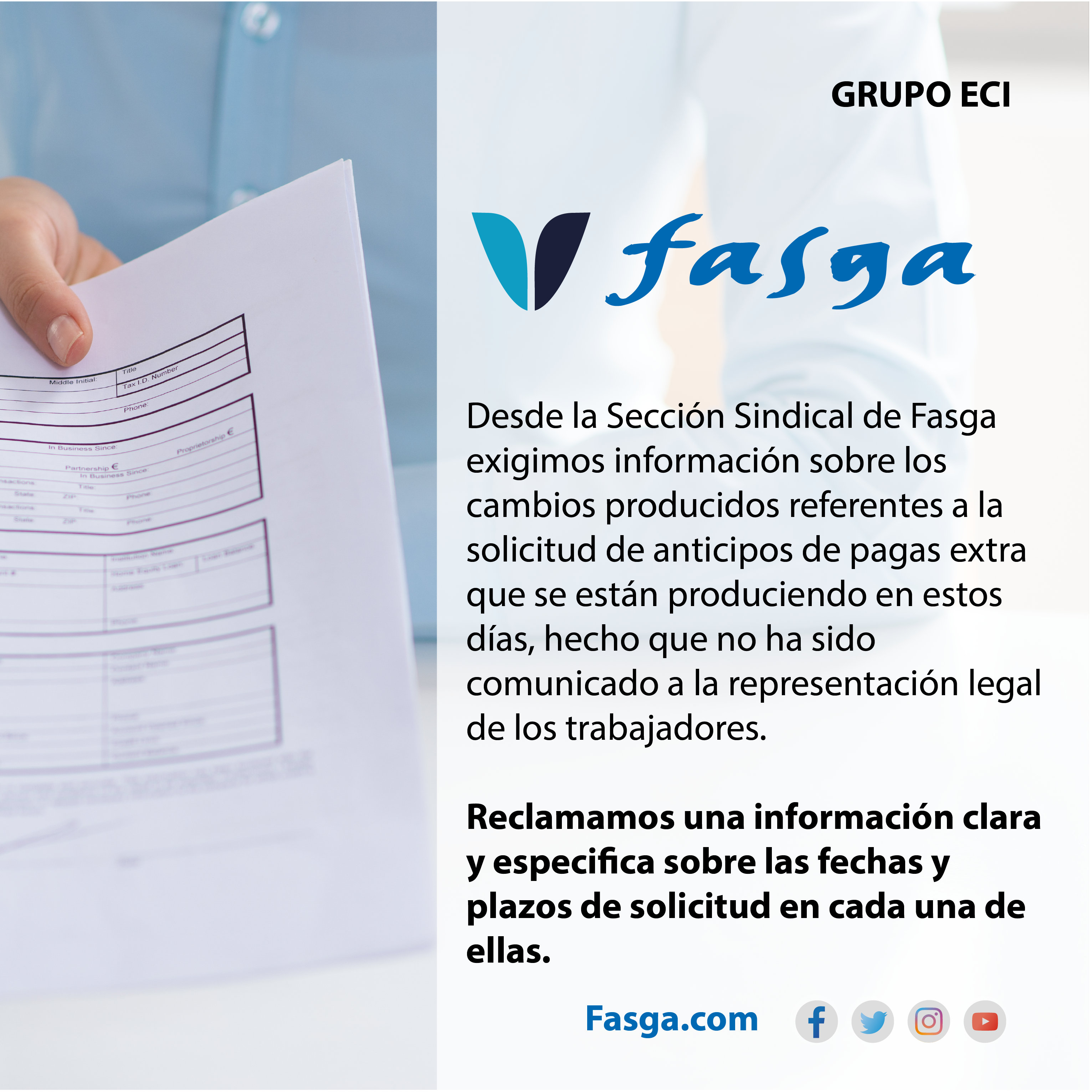 Exigimos información sobre los cambios producidos referentes a la solicitud de anticipos de pagas extra en Grupo ECI