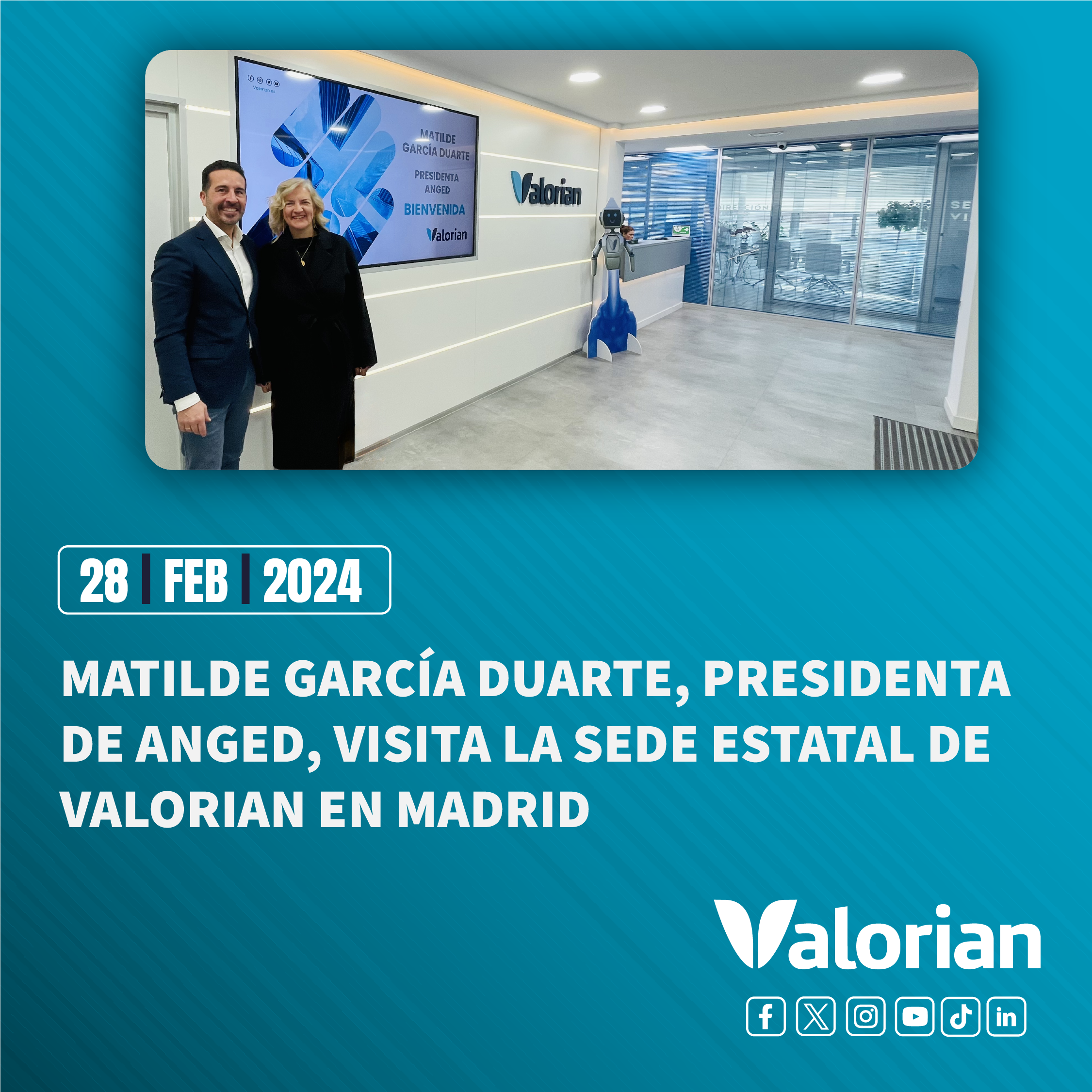 Matilde García Duarte, presidenta de ANGED, visita la sede estatal de Valorian en Madrid