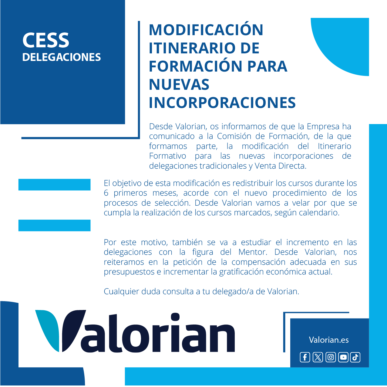 Modificación del itinerario de formación para nuevas incorporaciones en CESS Delegaciones