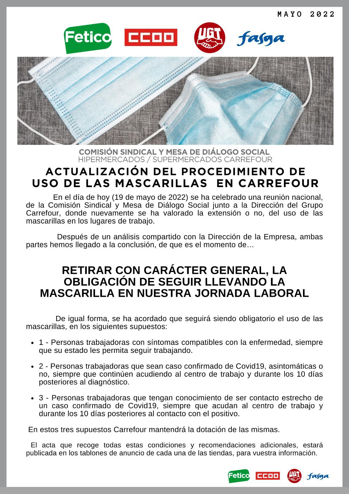 Comisión Sindical y Mesa Diálogo Social Hipermercados/ Supermercados Carrefour: Actualización Procedimiento uso mascarillas en Carrefour